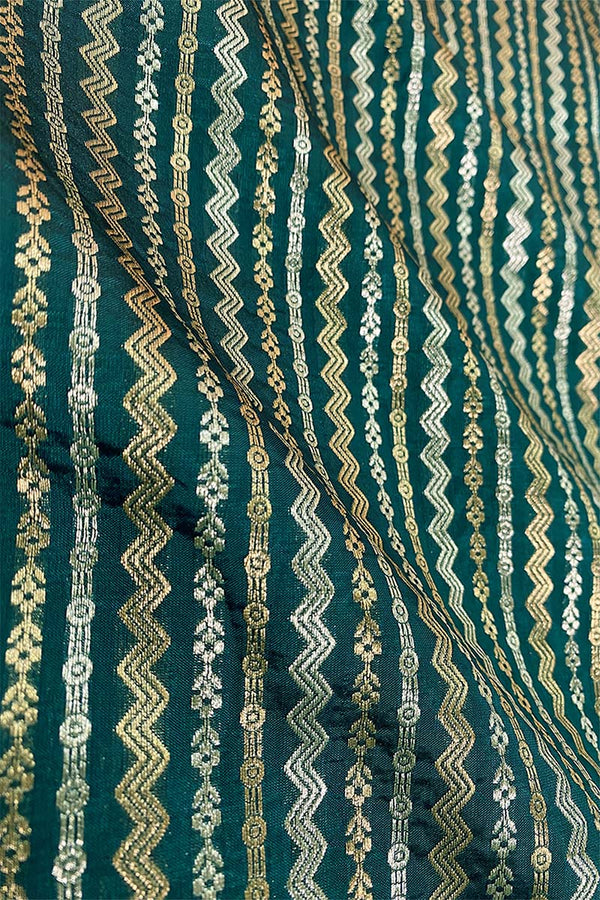 Peacock blue Striped Woven Banarasi Silk Fabric, banarasi fabric, silk fabric, brocade fabric, handloom fabric, indian fabric