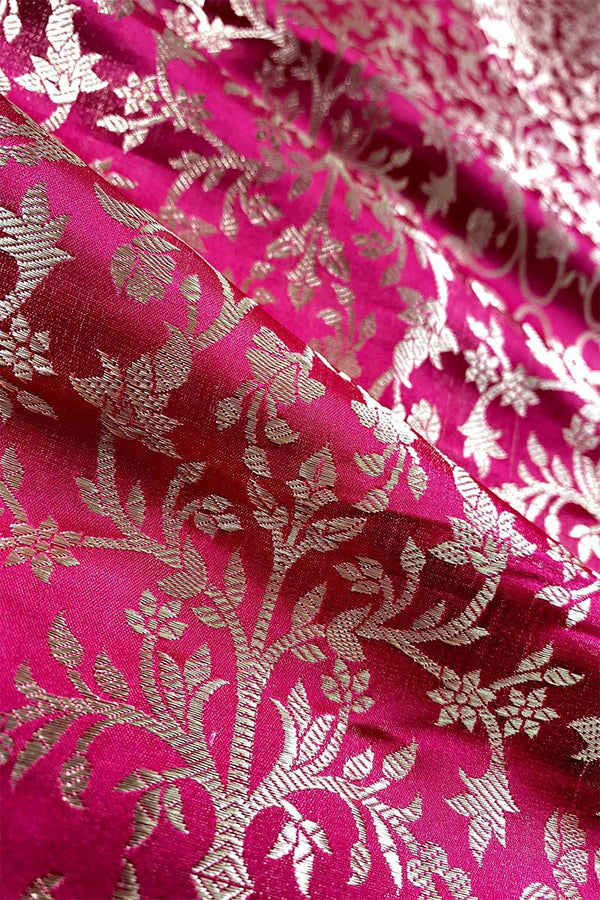 Deep Magenta Pink Handwoven Satin Tissue Silk Fabric , banarasi fabric, silk fabric, tissue fabric, brocade fabric, handloom fabric, indian fabric