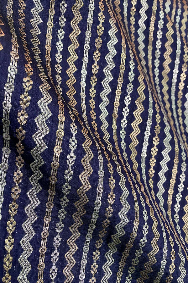 Ink Blue Striped Woven Banarasi Silk Fabric ,banarasi fabric, silk fabric, brocade fabric, handloom fabric, indian fabric