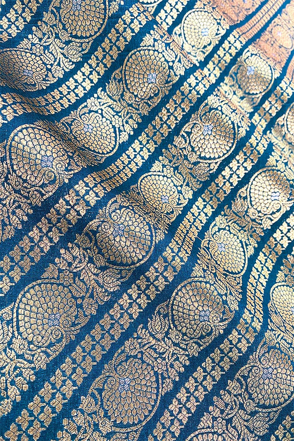 Cobalt Blue Striped Woven Banarasi Silk Fabric, banarasi fabric, silk fabric, brocade fabric, handloom fabric, indian fabric