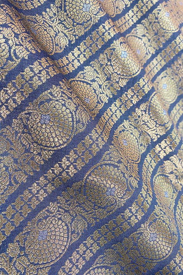 Slate Grey Striped Woven Banarasi Silk fabric, banarasi fabric, silk fabric, brocade fabric, handloom fabric, indian fabric