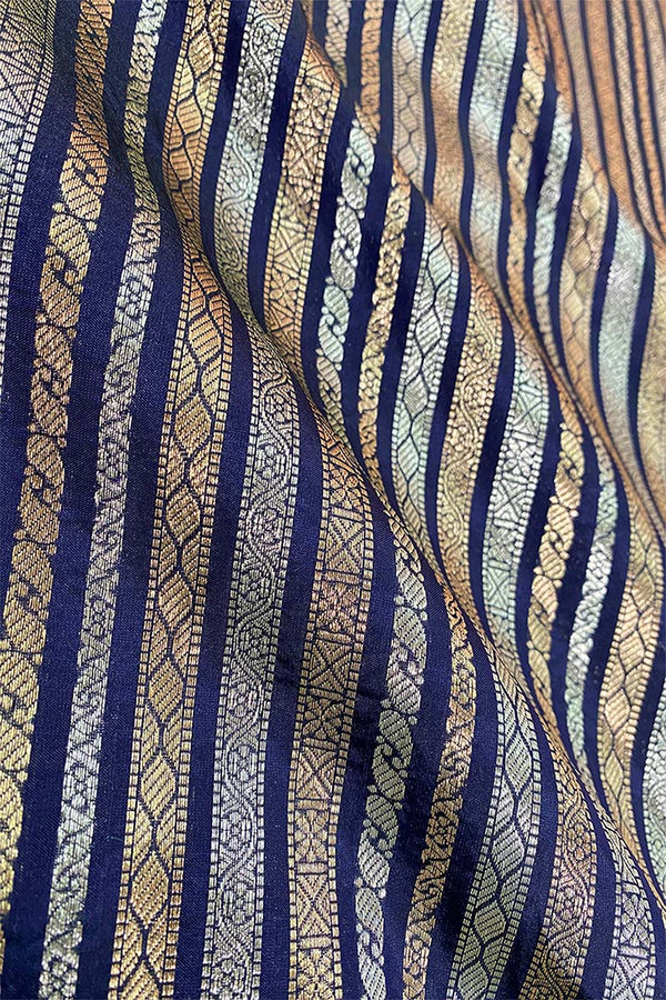 Navy Blue Striped Woven Banarasi Silk Fabric,  banarasi fabric, silk fabric, brocade fabric, handloom fabric, indian fabric