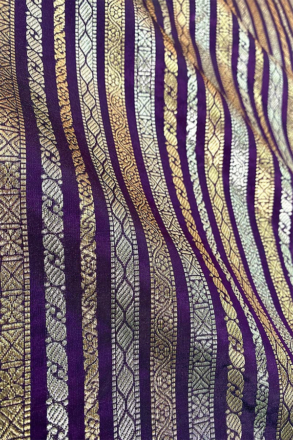 Deep Purple Striped Woven Banarasi Silk Fabric, banarasi fabric, silk fabric, brocade fabric, handloom fabric, indian fabric