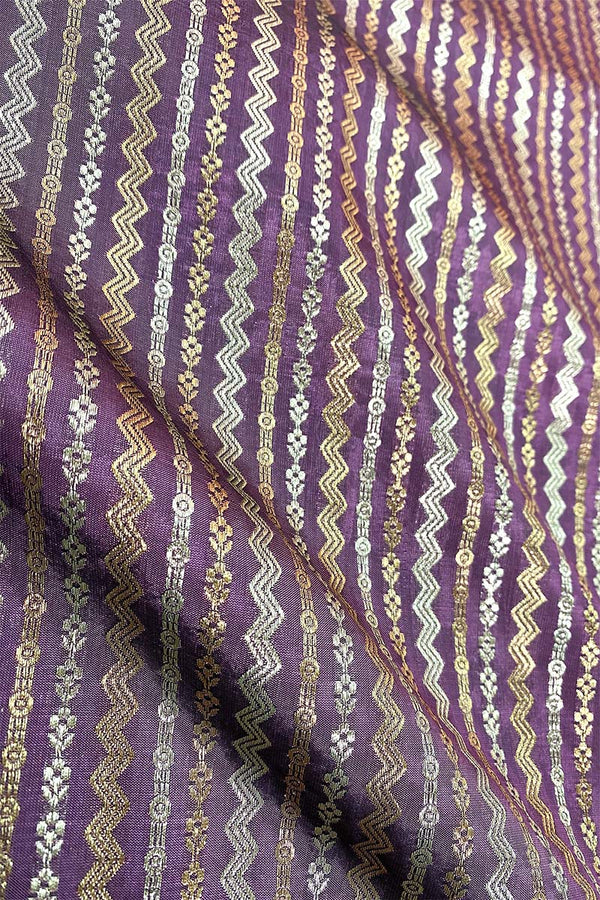 Deep Mauve Striped Woven Banarasi Silk Fabric, banarasi fabric, silk fabric, brocade fabric, handloom fabric, indian fabric Banaras 