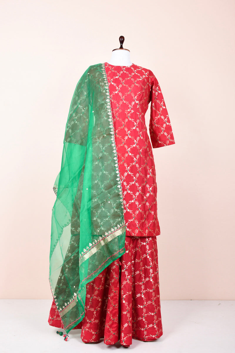 Red Handwoven Mulberry Silk Sharara Set By Chinaya Banaras 