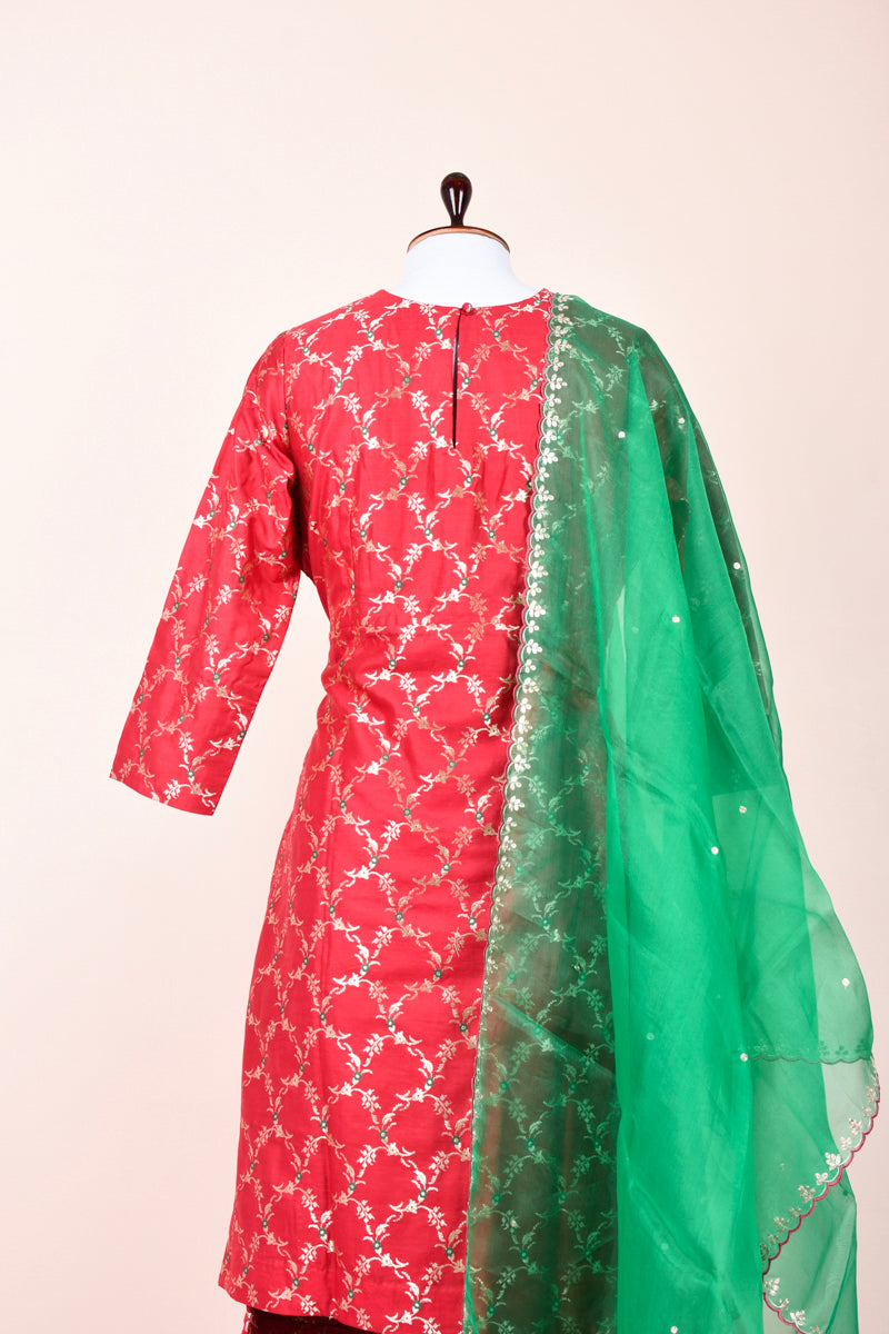 Delightful Red Handwoven Mulberry Silk Sharara Set - Chinaya Banaras