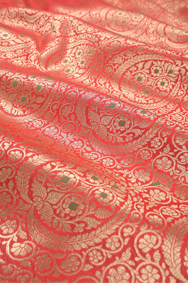 Bright Red Handwoven Banarasi Silk Fabric, banarasi fabric, silk fabric, brocade fabric, handloom fabric, indian fabric