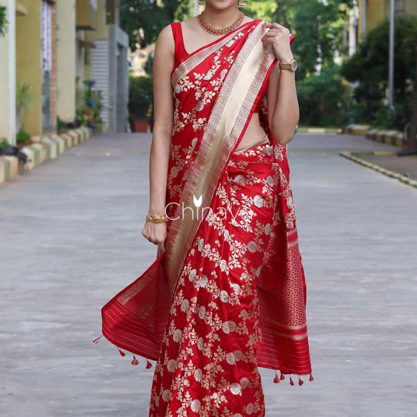 Cherry Pink Banarasi Silk Saree With Sequence Work – Armima