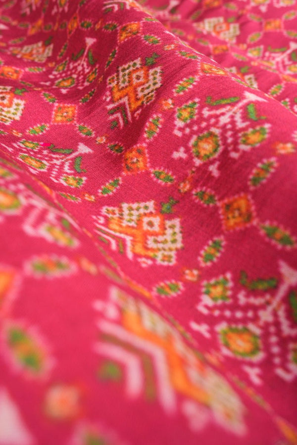 Crimson Pink Patola Printed Chiniya Silk ,banarasi fabric, silk fabric, chiniya fabric brocade fabric, handloom fabric, indian fabric