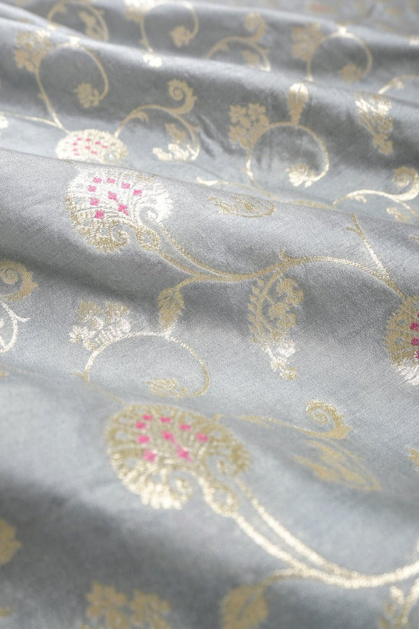 Grey Floral Jaal Mulberry Silk Fabric, banarasi fabric, silk fabric, brocade fabric, handloom fabric, indian fabric