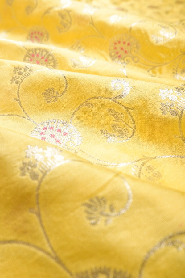 Light Yellow Floral Jaal Handwoven Mulberry Silk Fabric, banarasi fabric, silk fabric, brocade fabric, handloom fabric, indian fabric