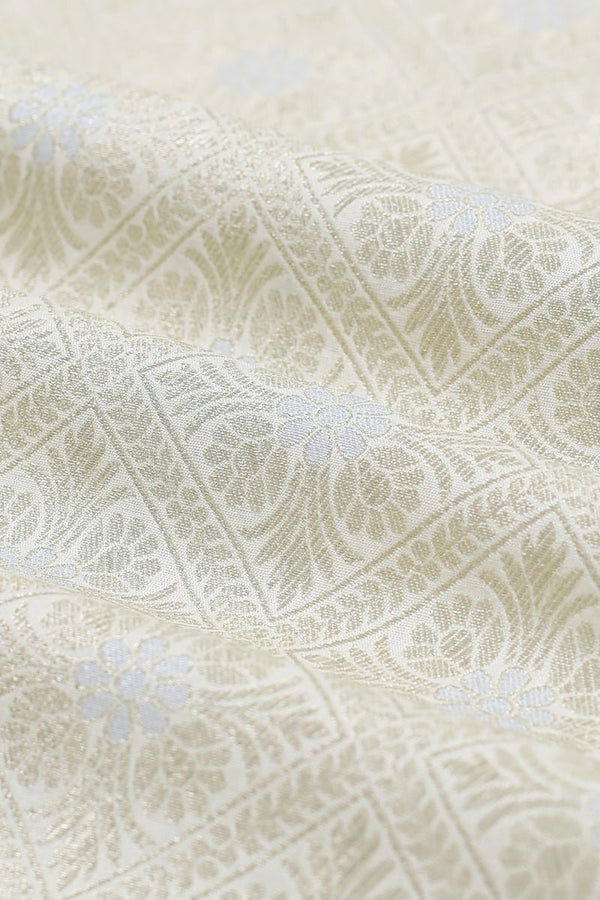 Off white Geometrical Handwoven Banarasi Silk Fabrics ,silk fabric, brocade fabric, handloom fabric, indian fabricBanaras