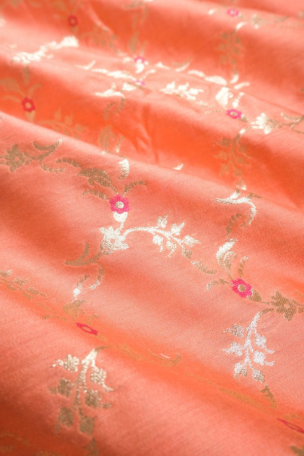 Orange Handwoven Mulberry Silk Fabric, banarasi fabric, silk fabric, brocade fabric, handloom fabric, indian fabric