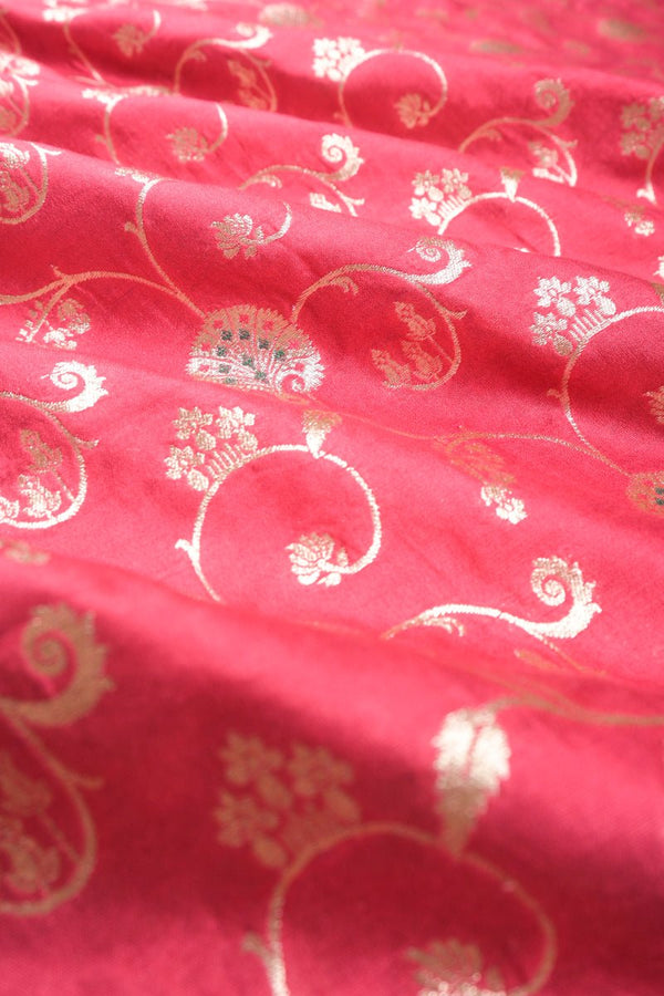 Rani Pink Floral Jaal Handwoven Mulberry Silk Fabric,  fabric, banarasi fabric, silk fabric, brocade fabric, handloom fabric, indian fabric