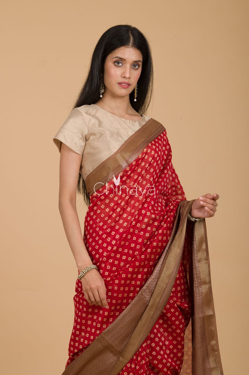 Red Bandhni Printed Chanderi Silk Saree - Chinaya Banaras