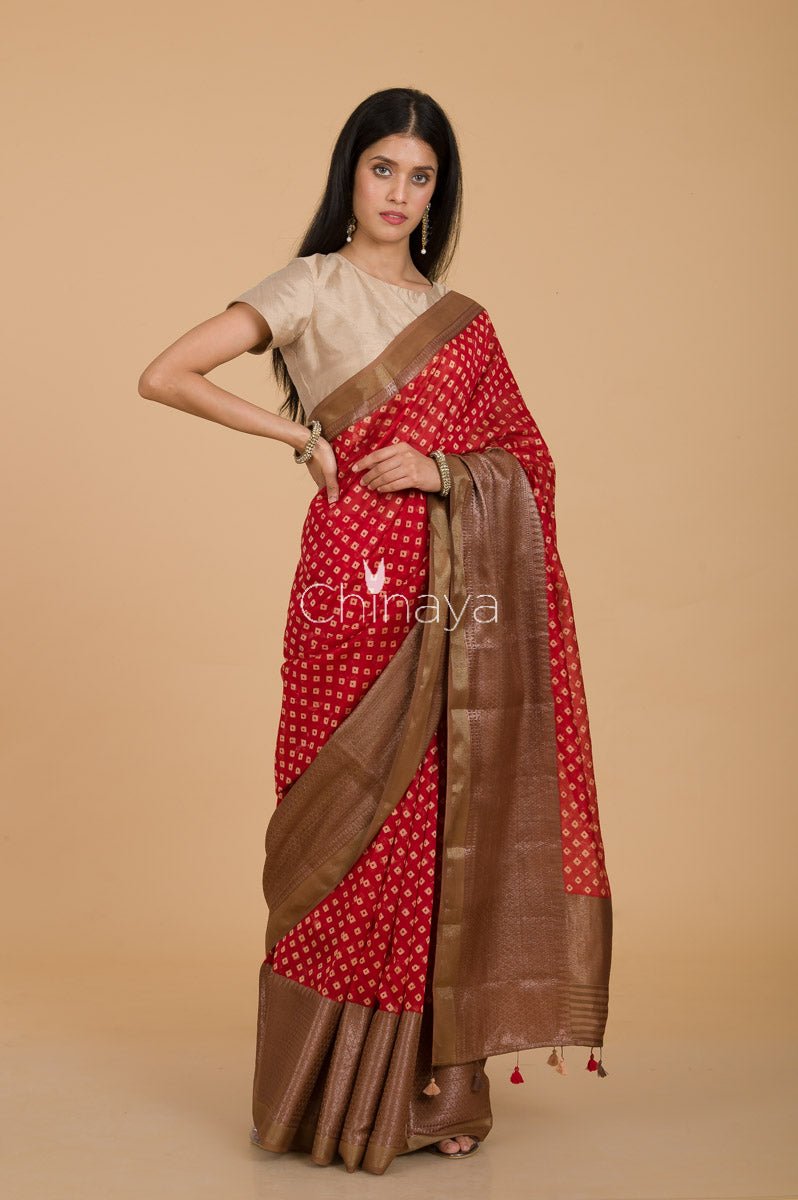 Women In Red Bandhni Printed Chanderi Silk Saree At  Chinaya  Banaras  