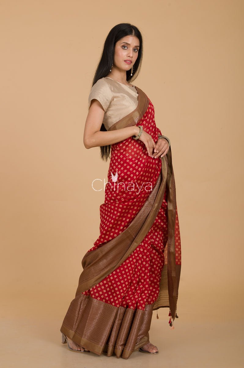 Red Bandhni Printed Chanderi Silk Saree - Chinaya Banaras