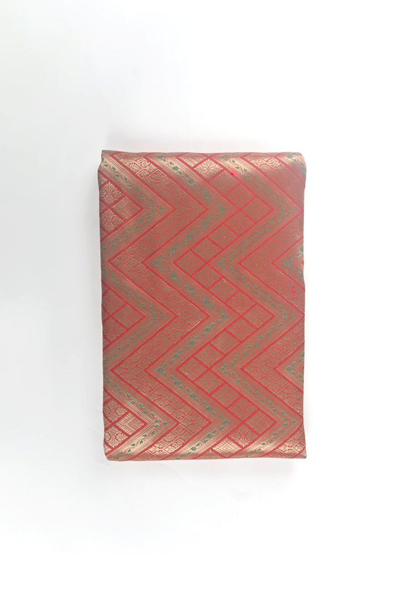 Red Zig-Zag Woven Banarasi Silk Fabric