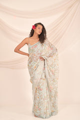 Slate Grey Floral Printed Linen Saree - Chinaya Banaras